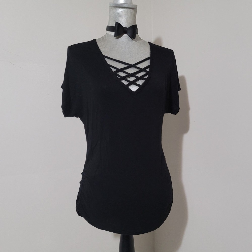 Vintage y2k sexy Say Anything lattice crisscross strap v neck top ruched black M - Picture 2 of 9